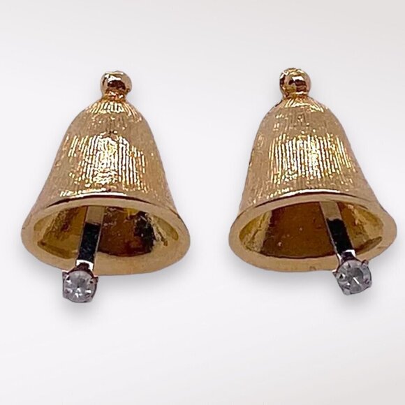 VTG 70s Avon Christmas Bells Gold Tone Stud Earrings - Picture 1 of 10